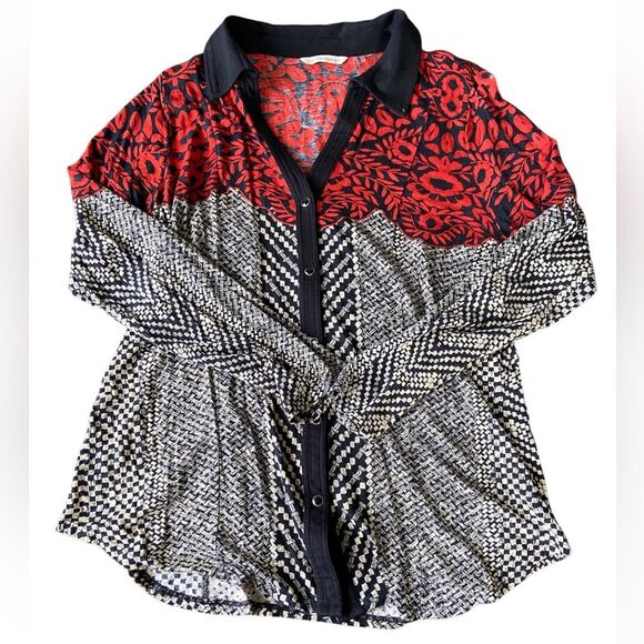 Soft Surroundings Women’s Button Down Patterned Red Black Collared Top, Large - Picture 1 of 10